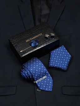MUTAQINOTI - Men Printed Blue Tie with Pocket Square Tie Pin, Brooch & Cufflinks