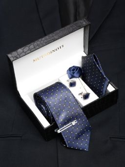 MUTAQINOTI - Men Printed Blue Tie with Pocket Square Tie Pin, Brooch & Cufflinks