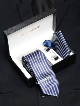 MUTAQINOTI - Men Stripes Blue Tie with Pocket Square Tie Pin, Brooch & Cufflinks
