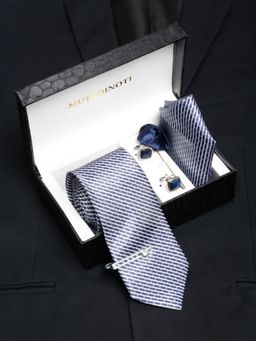 MUTAQINOTI - Men Printed Blue Tie with Pocket Square Tie Pin, Brooch & Cufflinks