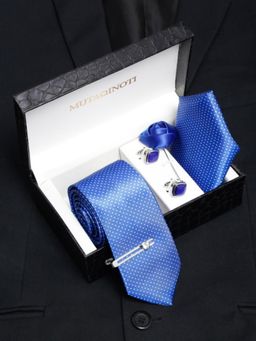 MUTAQINOTI - Men Printed Blue Tie with Pocket Square Tie Pin, Brooch & Cufflinks