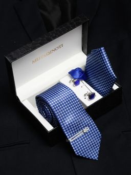MUTAQINOTI - Men Printed Blue Tie with Pocket Square Tie Pin, Brooch & Cufflinks