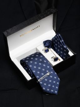 MUTAQINOTI - Men Printed Blue Tie with Pocket Square Tie Pin, Brooch & Cufflinks