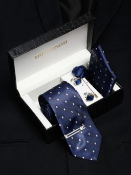 MUTAQINOTI - Men Printed Blue Tie with Pocket Square Tie Pin, Brooch & Cufflinks