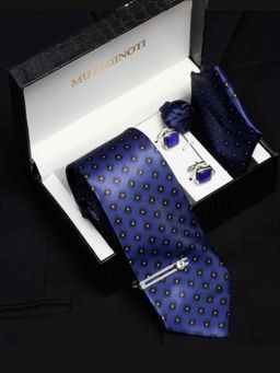 MUTAQINOTI - Men Printed Blue Tie with Pocket Square Tie Pin, Brooch & Cufflinks