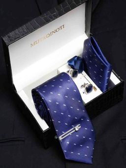 MUTAQINOTI - Men Printed Blue Tie with Pocket Square Tie Pin, Brooch & Cufflinks