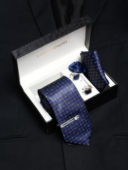 MUTAQINOTI - Men Printed Blue Tie with Pocket Square Tie Pin, Brooch & Cufflinks