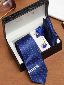 MUTAQINOTI - Men Printed Blue Tie with Pocket Square Tie Pin, Brooch & Cufflinks