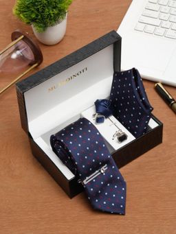 MUTAQINOTI - Men Printed Blue Tie with Pocket Square Tie Pin, Brooch & Cufflinks