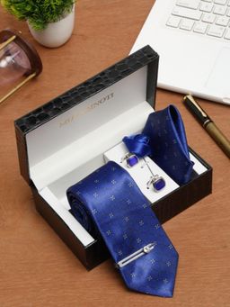 MUTAQINOTI - Men Printed Blue Tie with Pocket Square Tie Pin, Brooch & Cufflinks