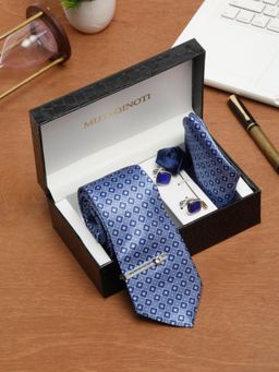 MUTAQINOTI - Men Printed Blue Tie with Pocket Square Tie Pin, Brooch & Cufflinks