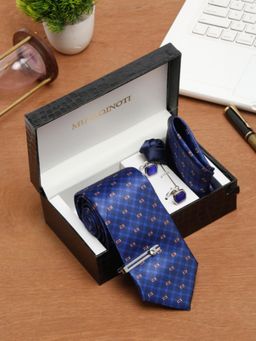MUTAQINOTI - Men Printed Blue Tie with Pocket Square Tie Pin, Brooch & Cufflinks