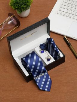 MUTAQINOTI - Men Stripes Blue Tie with Pocket Square Tie Pin, Brooch & Cufflinks