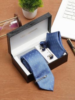 MUTAQINOTI - Men Printed Blue Tie with Pocket Square Tie Pin, Brooch & Cufflinks