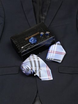 MUTAQINOTI - Men Checks Blue Tie with Pocket Square Tie Pin, Brooch & Cufflinks