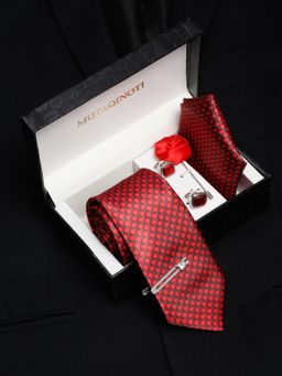 MUTAQINOTI - Men Printed Red Tie with Pocket Square Tie Pin, Brooch & Cufflinks