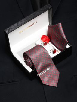 MUTAQINOTI - Men Printed Red Tie with Pocket Square Tie Pin, Brooch & Cufflinks