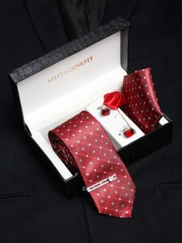 MUTAQINOTI - Men Printed Red Tie with Pocket Square Tie Pin, Brooch & Cufflinks