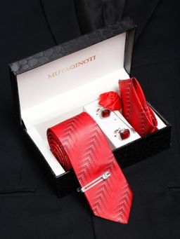 MUTAQINOTI - Men Printed Red Tie with Pocket Square Tie Pin, Brooch & Cufflinks