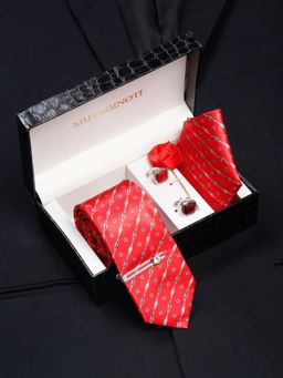 MUTAQINOTI - Men Printed Red Tie with Pocket Square Tie Pin, Brooch & Cufflinks