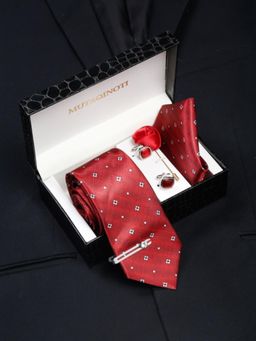 MUTAQINOTI - Men Printed Red Tie with Pocket Square Tie Pin, Brooch & Cufflinks