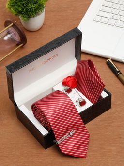MUTAQINOTI - Men Stripes Red Tie with Pocket Square Tie Pin, Brooch & Cufflinks