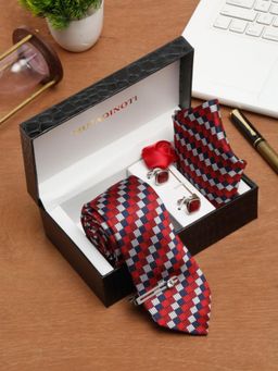 MUTAQINOTI - Men Printed Red Tie with Pocket Square Tie Pin, Brooch & Cufflinks