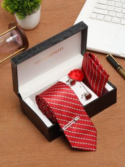 MUTAQINOTI - Men Stripes Red Tie with Pocket Square Tie Pin, Brooch & Cufflinks