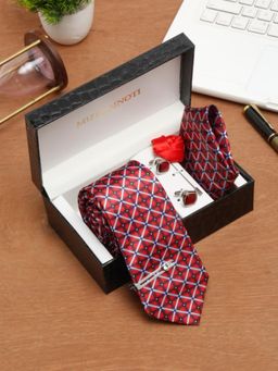 MUTAQINOTI - Men Checks Red Tie with Pocket Square Tie Pin, Brooch & Cufflinks