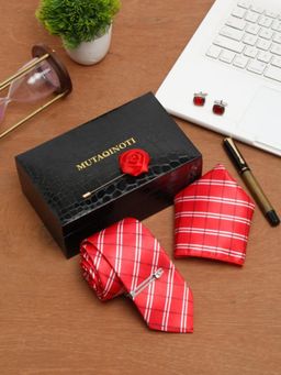 MUTAQINOTI - Men Checks Red Tie with Pocket Square Tie Pin, Brooch & Cufflinks