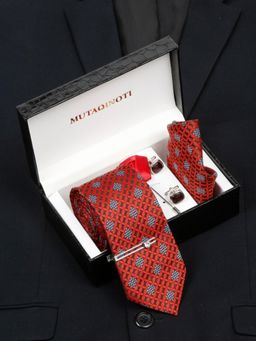 MUTAQINOTI - Men Printed Red Tie with Pocket Square Tie Pin, Brooch & Cufflinks