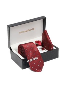 MUTAQINOTI - Men Printed Red Tie with Pocket Square Tie Pin, Brooch & Cufflinks
