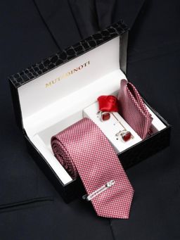 MUTAQINOTI - Men Printed Red Tie with Pocket Square Tie Pin, Brooch & Cufflinks