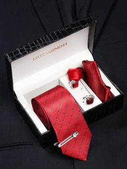 MUTAQINOTI - Men Printed Red Tie with Pocket Square Tie Pin, Brooch & Cufflinks