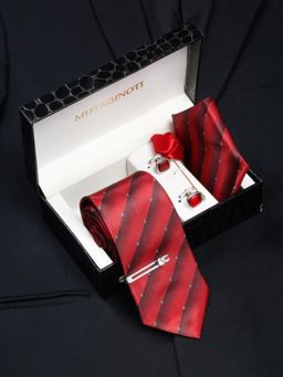MUTAQINOTI - Men Printed Red Tie with Pocket Square Tie Pin, Brooch & Cufflinks