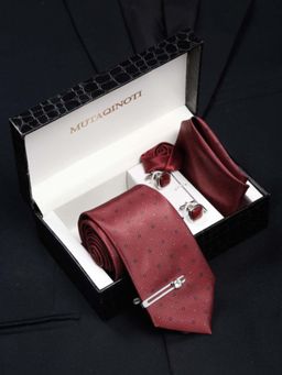 MUTAQINOTI - Men Printed Red Tie with Pocket Square Tie Pin, Brooch & Cufflinks