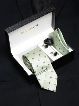 MUTAQINOTI - Men Printed Green Tie with Pocket Square Tie Pin, Brooch & Cufflinks