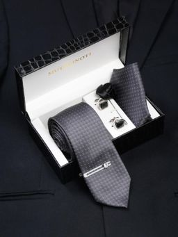 MUTAQINOTI - Men Printed Grey Tie with Pocket Square Tie Pin, Brooch & Cufflinks