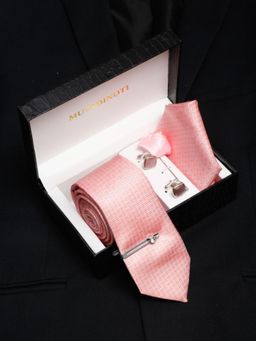 MUTAQINOTI - Men Printed Peach Tie with Pocket Square Tie Pin, Brooch & Cufflinks