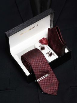 MUTAQINOTI - Men Printed Maroon Tie with Pocket Square Tie Pin, Brooch & Cufflinks