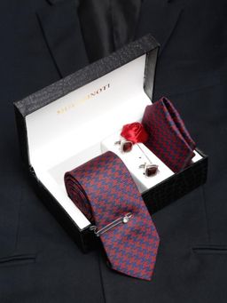 MUTAQINOTI - Men Printed Maroon Tie with Pocket Square Tie Pin, Brooch & Cufflinks