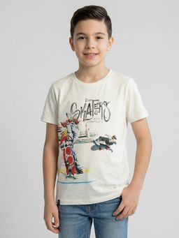 Monte Carlo - Boys Off White Cotton Lycra Half Sleeves T-Shirt