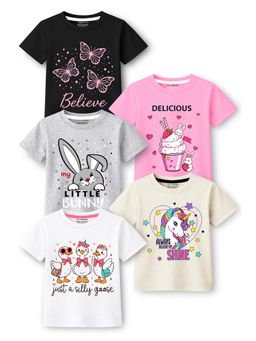 Trampoline - Girls Multi-Colour Cotton Blend Half Sleeves T-Shirts (Pack of 5)