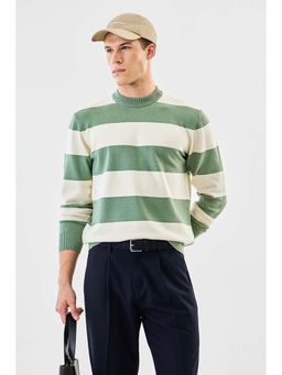 Snitch - Green Stripes Full Sleeves Regular Casual Sweater for Men