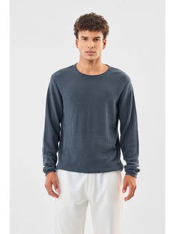 Snitch - Dark Blue Textured Full Sleeves Regular Casual Sweater for Men
