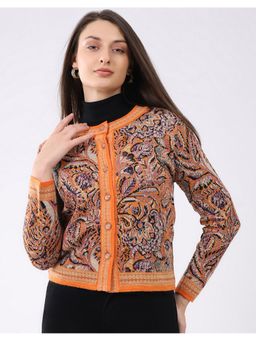 Monte Carlo - Floral Round Neck Full Sleeve Orange Cardigan