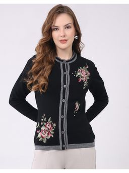 Monte Carlo - Black Floral Round Neck Full Sleeve Cardigan