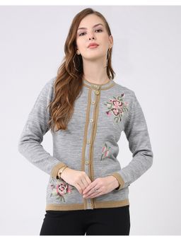 Monte Carlo - Grey Floral Round Neck Full Sleeve Cardigan