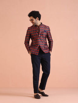 KISAH - Men Maroon, Navy Blue Silk Blend Jacquard Jodhpuri Bandhgala Trouser Set with Ethnic Motifs