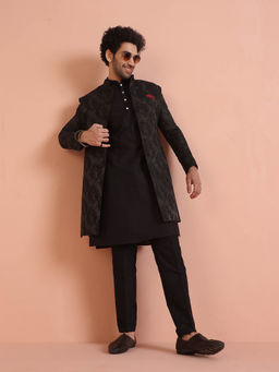 KISAH - Men Black Textured Silk Blend Jacquard Kurta Indowestern Sherwani Trouser Set with Floral Design
